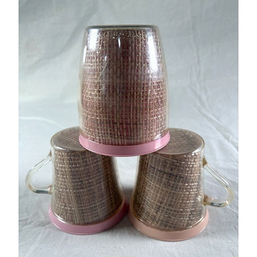 Vtg RaffiaWare Melmac Burlap Weave 2 Mugs + 1 Cup SET OF 3 MCM Pastel Thermal